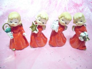Rare Vintage Japan Christmas Angel Girls Hold Candle Star Gift Bells Figure Set