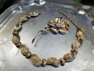 Kramer Vintage Signed Necklace & Flower Pin Brooch Set Antique Gold Brass Finish