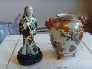 Lovely Old Japanese Satsuma Vase With Sign Under Bottom And Statue.