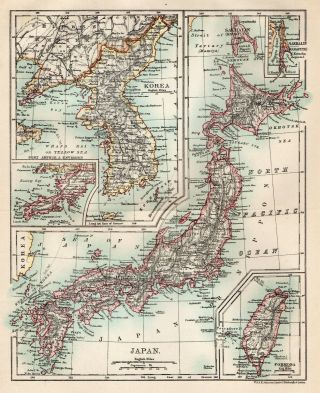 Antique Map Of Japan Korea Formosa C1900 W&ak Johnston