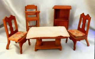 Vintage Wooden Doll House Dining Room Set Table Chairs Highchair Small Hutch
