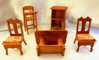 Vintage Wooden Doll House Dining Room Set TABLE CHAIRS HIGHCHAIR SMALL HUTCH 3