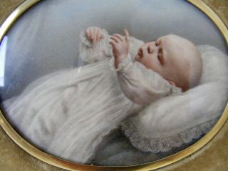 Rare Antique Portrait Miniature Of A Child,  Baby 1912