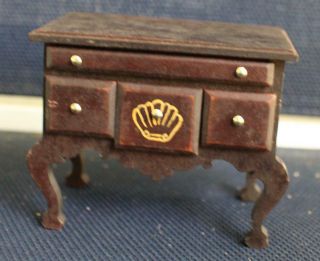 Vintage Dollhouse Low Side Table Drawers Painted Shell Dark Wood 3