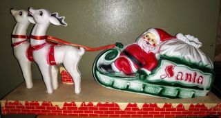 Rare Vintage Christmas Blow Mold Santa Sleigh Reindeer Rooftop Store Display 50s