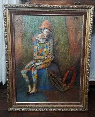 Old Pablo Picasso Harlequin Oil Painting On Canvas Signature Rare