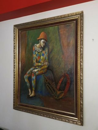 OLD Pablo Picasso Harlequin Oil Painting on Canvas signature Rare 3