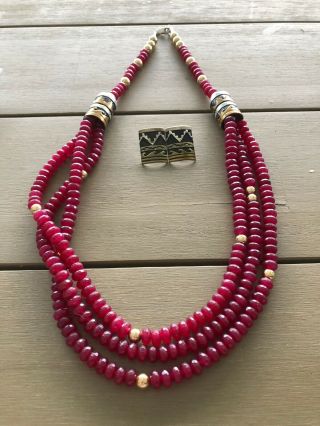 Rare Vintage Tommy Singer 3 Strand Red Bead Necklace And Matching Earrings