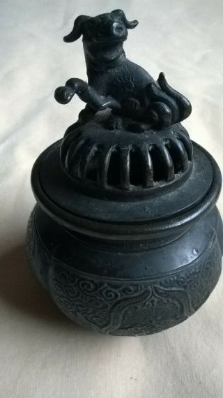 Antique Chinese Bronze Censer With Foo Dog Finial