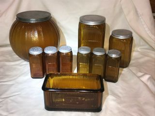 Rare Amber Sneath Hoosier Jar Set,  Pumpkin Jar,  Coffee,  Tea,  6 Spice,  & Salt Box