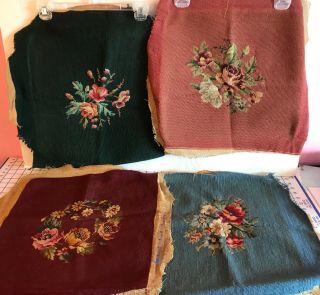 Needlepoint Chair Seat Cover Antique Floral Set 4 Tapestry Vintage Embroidery Vb