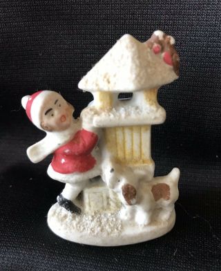 1930s Antique Christmas Bisque Germany Figure Porcelain Miniature Girl Dog Birds