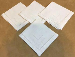 Four Dinner Napkins,  Linen,  Antique White,  Flower Embroidery,  Cut Work Accents