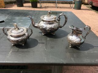 Stunning 3 Piece Vintage Silver Plated Embossed Tea Set John Turton Eagle Tops