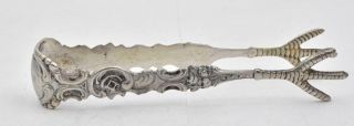 Antique.  800 Silver Heavily Embossed Claw Foot Sugar Tongs No Mono 3 & 3/4 " Long