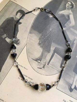 Antique 1920’s Art Deco Czech Glass Wired Black Crystal Bead Monochrome Necklace