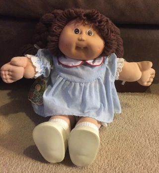 Vintage Coleco Cabbage Patch Kid Brown Hair And Blue Dress