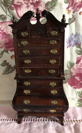 Vtg Miniature Doll House Tall Chest /drawers Curved Wood Walnut Finely Crafted