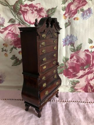 Vtg Miniature Doll House Tall Chest /Drawers Curved Wood Walnut Finely Crafted 2