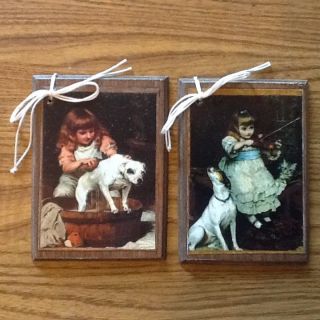 5 Hand - Crafted Wooden Ornaments / Hangtags Colonial Girls With Pet Dogs Setm