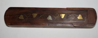 Antique Vintage Wooden Hand Carved Pencil Case Box - Inlaid Hearts - Artist Inlay