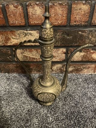 Turkish Persian Indian Brass Etched Ewer Jug Coffee Tea Pot Pitcher