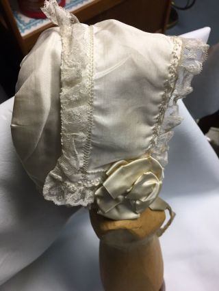 Vintage Doll /baby Off White Silk Bonnet W/lace Trim & Beige Ribbon Flowers