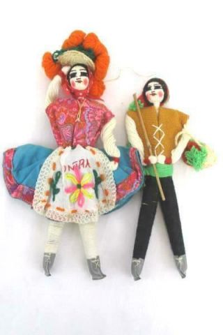 2 Vintage Hand Made Portuguese Yarn Dolls Man & Woman Sintra Farmer