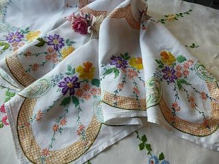 Vintage Hand Embroidered Tablecloth / Lovely Raised Embroidery