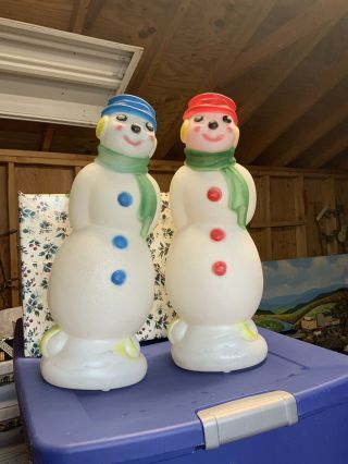 Rare Vintage 1969 Empire Blow Mold 20 " Christmas Snowmen With Blue And Red Hats