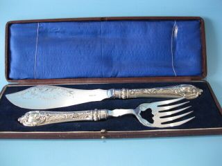 Stunning Large Antique Hand - Engraved Silver Plate Boxed Fish Cutlery Serving Set