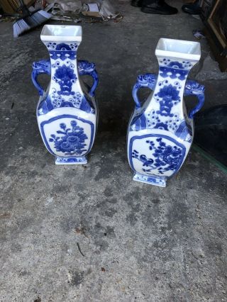 Blue And White Chinese Porcelain Vases With Handles