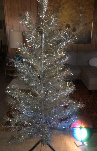 Rare Vintage Silver And Gold Aluminum Christmas Tree 6 Ft With Color Wheel