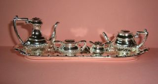 Dollhouse Miniature 5 Pc Silver Tone Coffee Tea Service Set