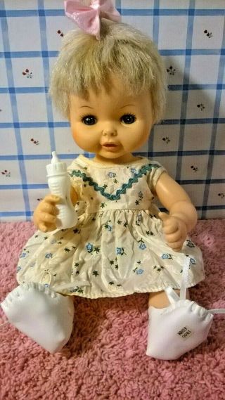 Horsman Vintage 1968 Lullaby Baby Music Box Drink And Wet 11 1/2 " Doll & Clothes