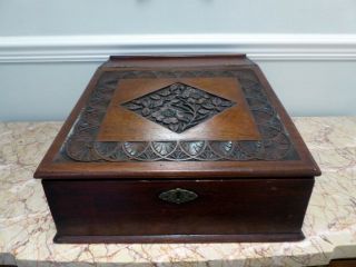 Antique Wooden Desk Top Stationery Box With Carved Slope