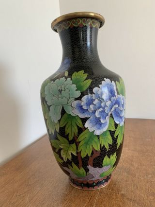 Large Vintage Chinese Cloisonné Vase Black With Flowers 12”
