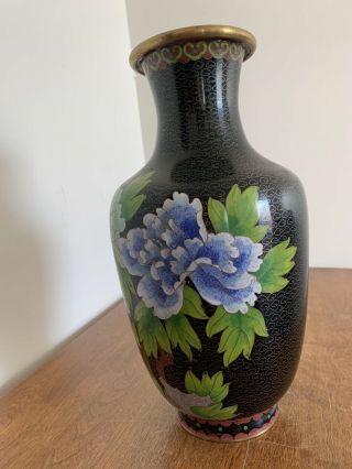Large Vintage Chinese Cloisonné Vase Black With Flowers 12” 2