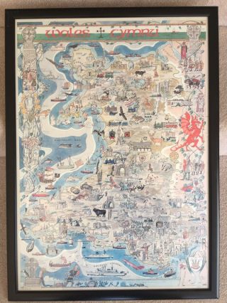 Drawn Coloured Historic Welsh Cymru Famous Place Large Map In Frame J Price 1988