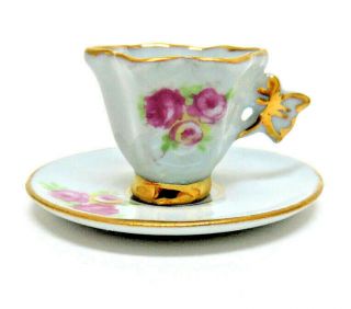 Vintage Dollhouse Miniature Leneige China Blue Cup And Saucer W Butterfly Handle