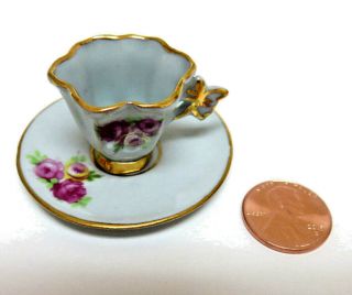 Vintage Dollhouse Miniature LENEIGE China Blue Cup and Saucer w Butterfly Handle 2