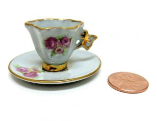 Vintage Dollhouse Miniature LENEIGE China Blue Cup and Saucer w Butterfly Handle 3