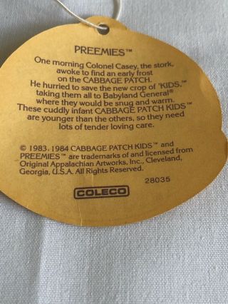 Cabbage Patch Kids Preemie CPK Doll Hanging Tag Wrist Vintage Toy Coleco 28035 3