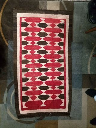 Hand Woven Wool 30 " X 57 " Red And Brown Diamond Pattern Rug Southwestern Design