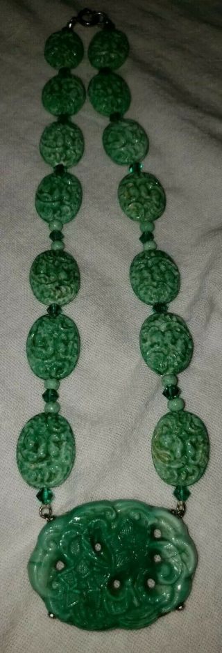 Antique Art Nouveau Deco Chinese Jade Green Glass Necklace