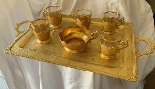 Authentic Persian Gold Color Hand Made Tea Set With Glass And Tray Rare