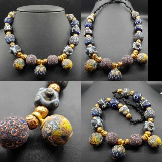 Antique rare unique mosaic glass beads necklace 2