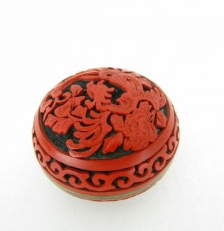 Vintage Chinese Carved Cinnabar Lacquer Round Box With Blue Enamel