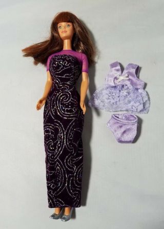 Vintage Barbie Doll 1966 Retro Mod Auburn Hair Bangs W/2 Dress & Purple Outfits