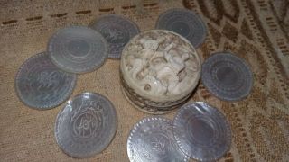 8 Miniature Chinese Mother Of Pearl Gaming Counters & Carved Chinese Round Box